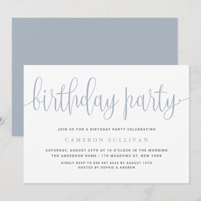 Invitación Dusty Blue Bonito Calligraphy Birthday Party (Anverso / Reverso)