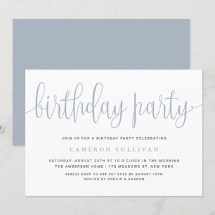 Invitación Dusty Blue Bonito Calligraphy Birthday Party