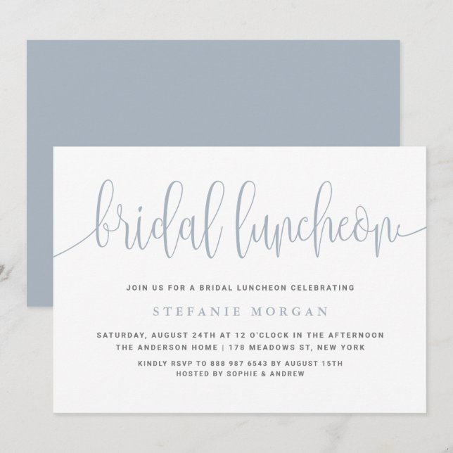 Invitación Dusty Blue Bonito Calligraphy Bridal Luncheon (Anverso / Reverso)
