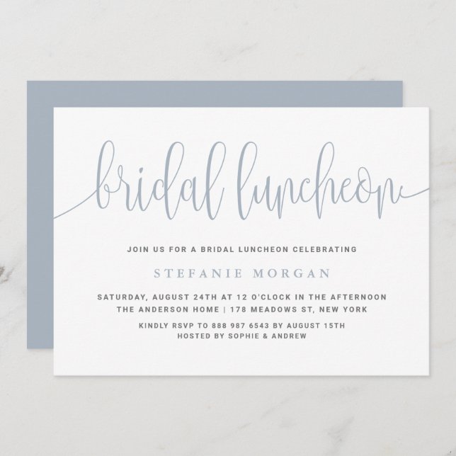 Invitación Dusty Blue Bonito Calligraphy Bridal Luncheon (Anverso / Reverso)