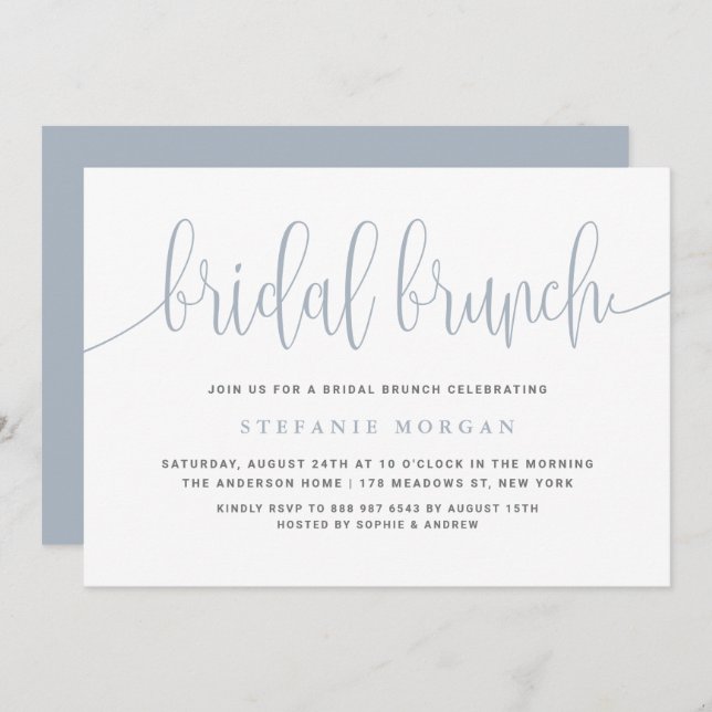 Invitación Dusty Blue Bonito Calligraphy Brunch (Anverso / Reverso)