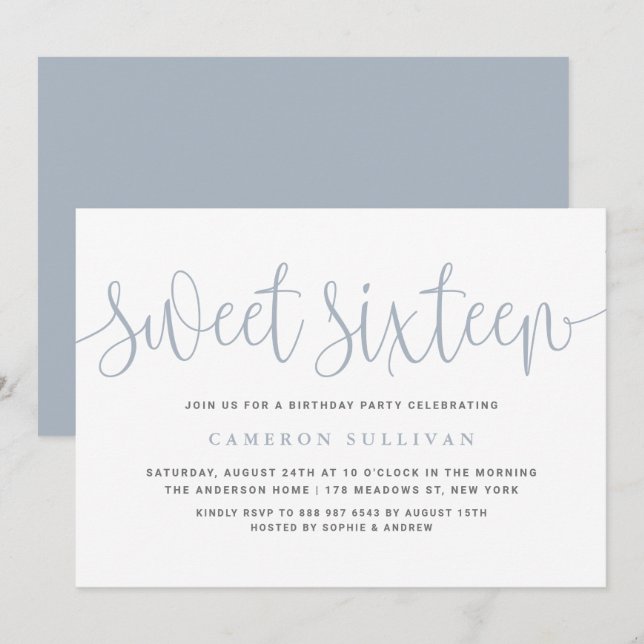Invitación Dusty Blue Bonito Calligraphy Sweet 16 Fiesta (Anverso / Reverso)
