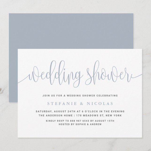Invitación Dusty Blue Bonito Calligraphy Wedding Shower (Anverso / Reverso)