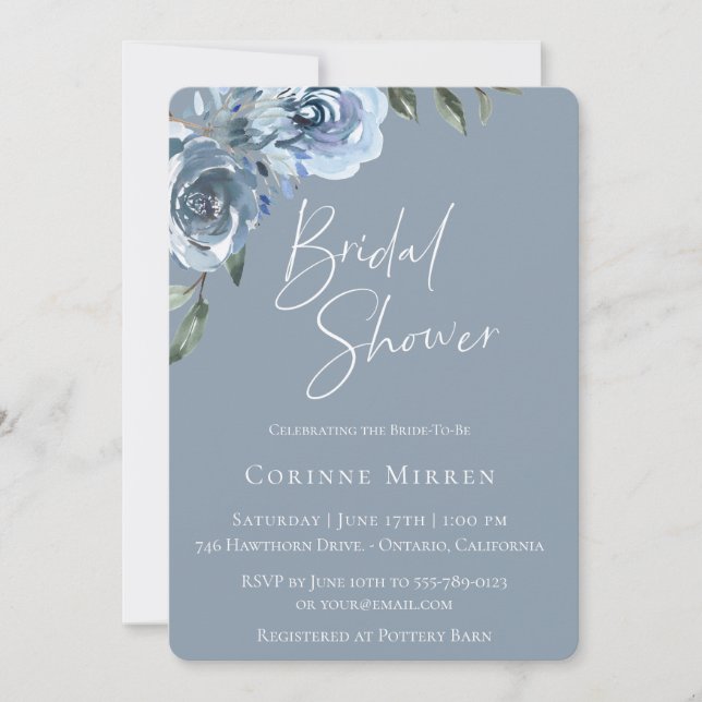 Invitación Dusty Blue Botanal Bridal Shower (Anverso)