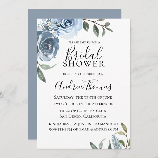 Invitación Dusty Blue Botanal Bridal Shower (Anverso / Reverso)