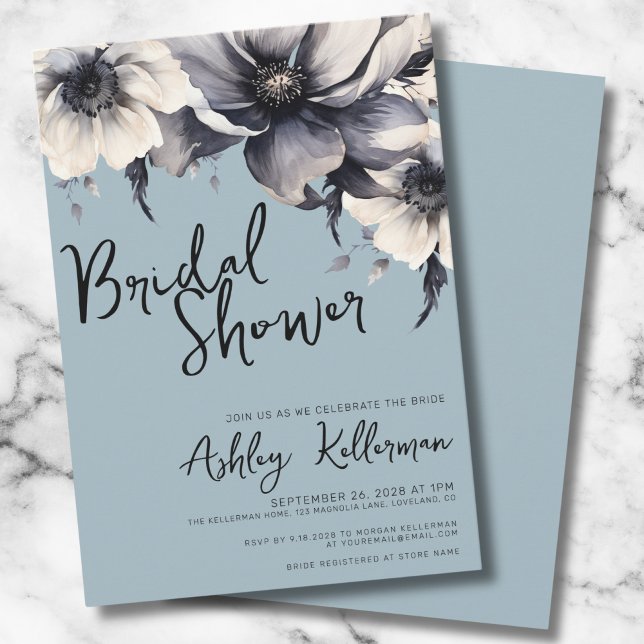 Invitación Dusty Blue Botanal Bridal Shower Fiesta (Cute Elegant Floral Light Blue Bridal Shower Party Invitation)