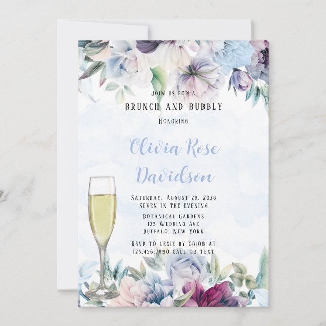 Invitación Dusty Blue Botanals Florals Brunch y Bubbly (Anverso)