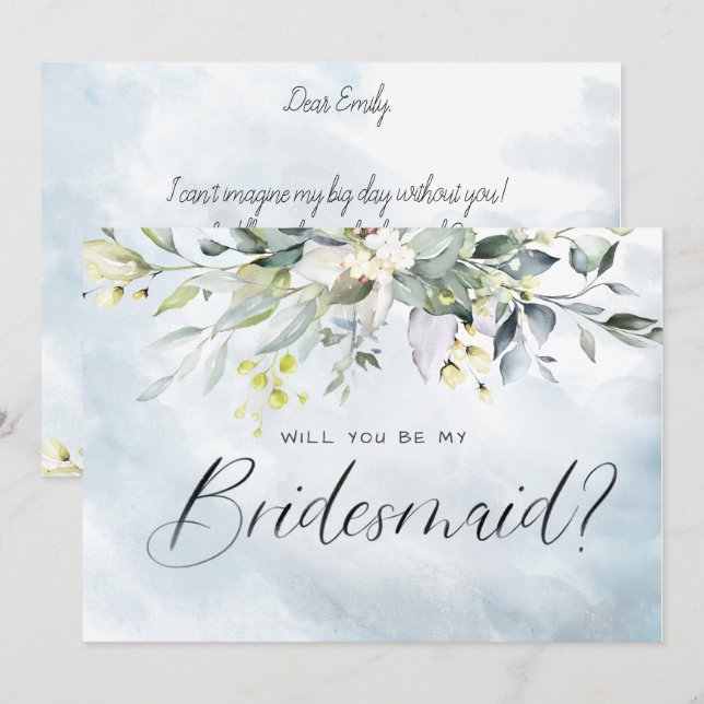 Invitación Dusty Blue Botancolor de agua azul Script Bridesma (Anverso / Reverso)