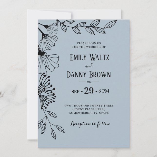Invitación Dusty Blue Botanica Simple Doodle Floral Boda (Anverso)