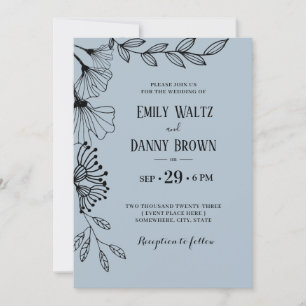 Invitación Dusty Blue Botanica Simple Doodle Floral Boda