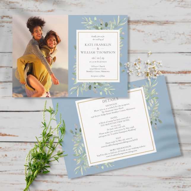 Invitación Dusty Blue Botanical All In One Photo Boda (Subido por el creador)