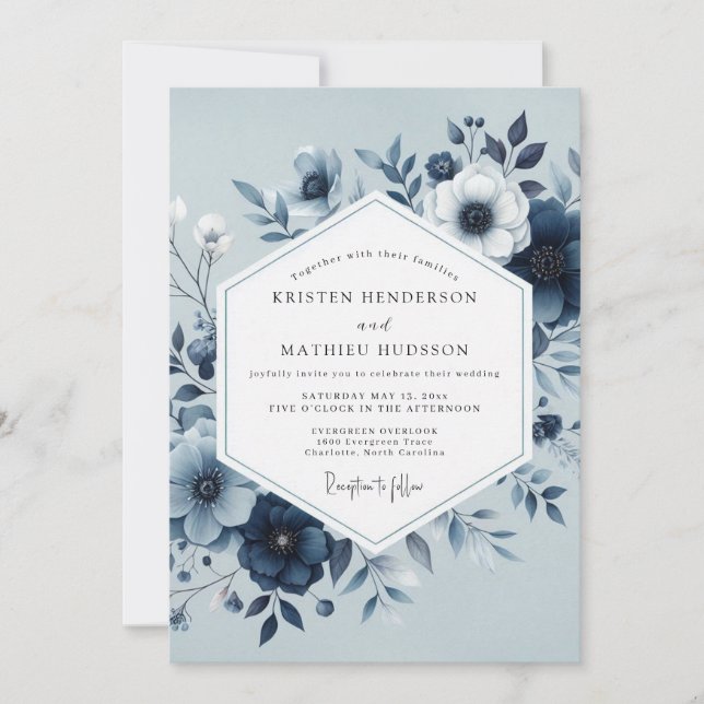 Invitación Dusty Blue Botanical Bloom Wedding (Anverso)