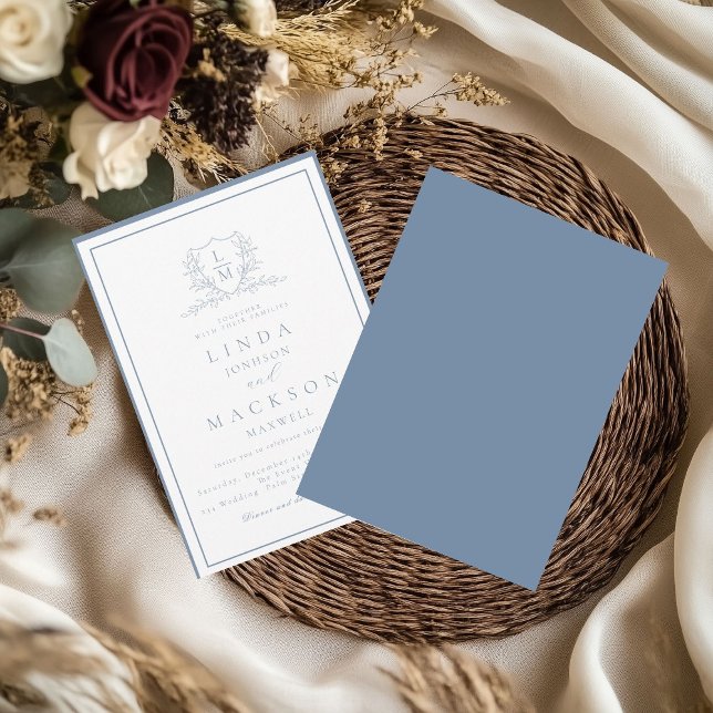 Invitación Dusty blue botanical crest monogram wedding (Subido por el creador)