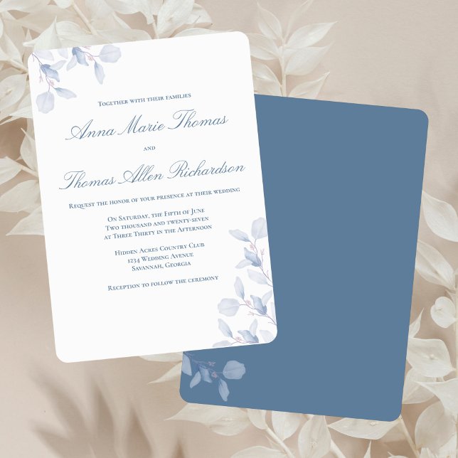 Invitación Dusty Blue Botanical Elegant Minimalist Wedding (Dusty blue floral wedding invitation with rounded corners on soft neutral linen.)