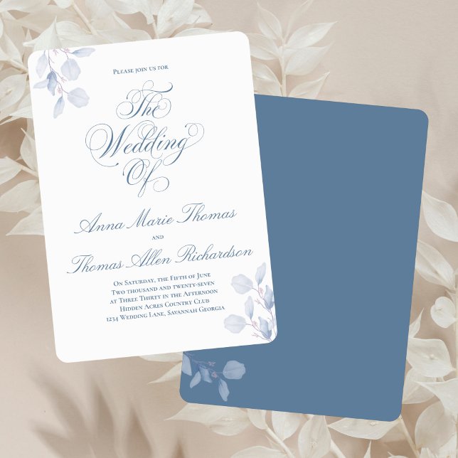 Invitación Dusty Blue Botanical Elegant Wedding Of Minimal (Dusty blue “The Wedding Of” invitation with soft florals and elegant calligraphy script.)