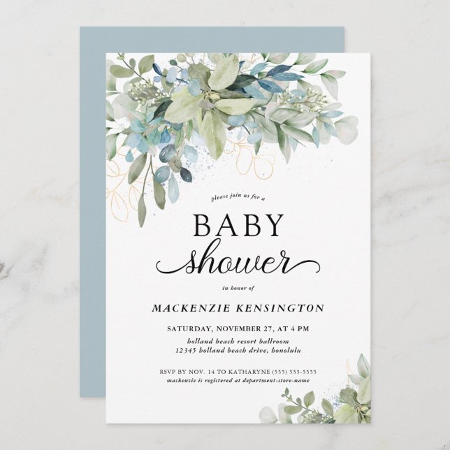 Invitación Dusty Blue Botanical Eucalyptus Baby Shower (Anverso / Reverso)
