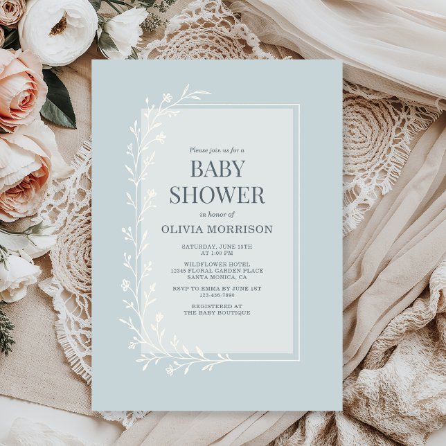 Invitación Dusty Blue Botanical Floral Baby Shower (Subido por el creador)