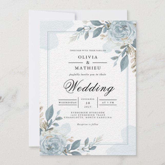 Invitación Dusty Blue Botanical Floral Boda (Anverso)