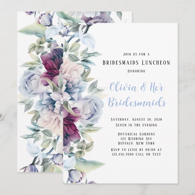 Invitación Dusty Blue Botanical Florals Bridesmaids Luncheon (Anverso / Reverso)