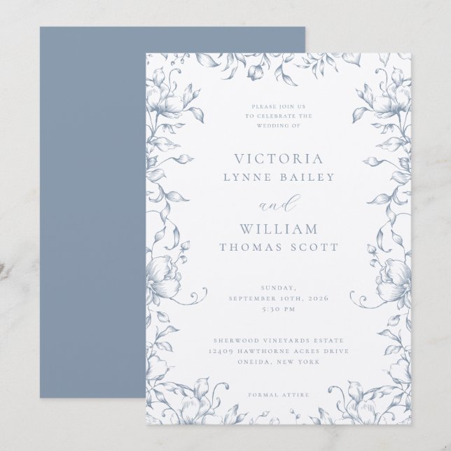 Invitación Dusty Blue Botanical Garden Boda Floral (Anverso / Reverso)