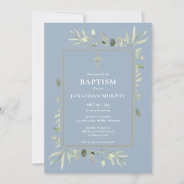 Invitación Dusty Blue Botanical Greeneration Boy Baptism