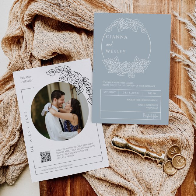 Invitación Dusty Blue Botanical Line Art Boho QR Code Photo (Subido por el creador)