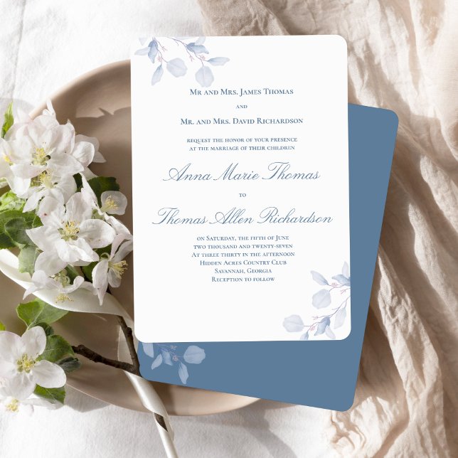 Invitación Dusty Blue Botanical Traditional Wedding Invite (Dusty blue botanical wedding invitation with both families hosting and classic wording.)