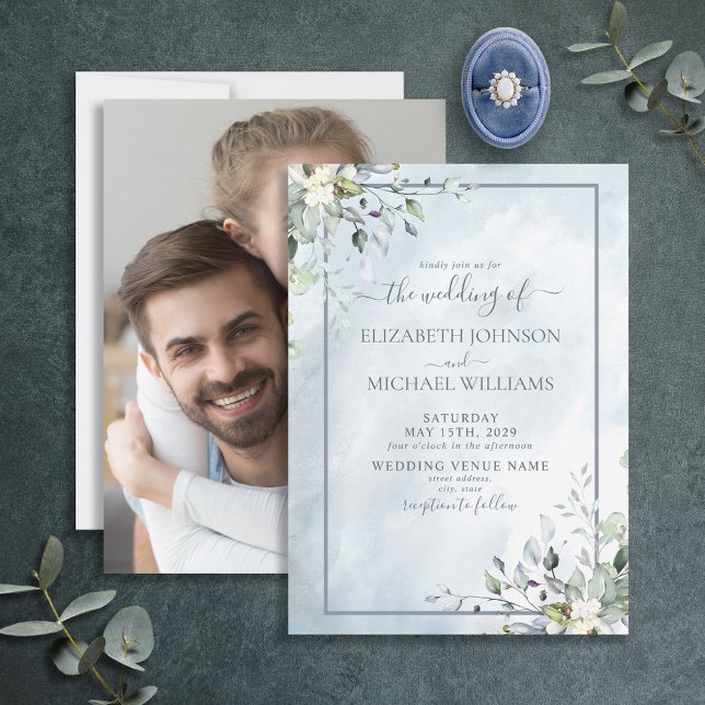 Invitación Dusty Blue Botany Greenery Watercolor Foto (Subido por el creador)