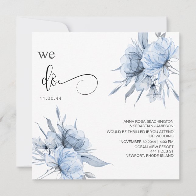 Invitación *~* Dusty Blue Bouquet AR15 Floral QR BODA RSVP (Anverso)