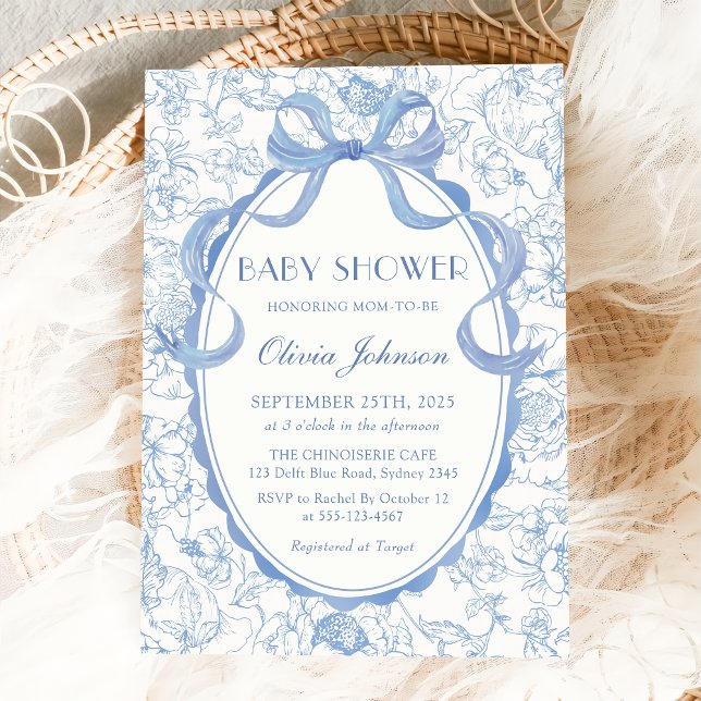 Invitación Dusty Blue Bow Chinoiserie Floral Baby Shower (Subido por el creador)