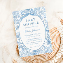 Dusty Blue Bow Chinoiserie Floral Baby Shower