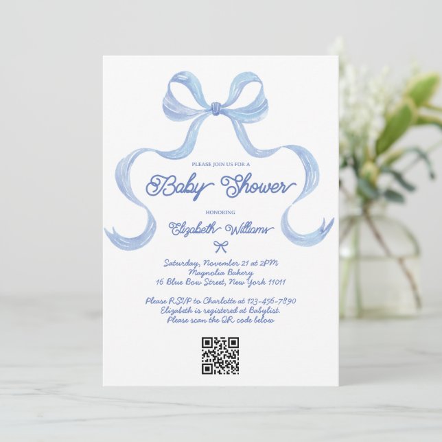 Invitación Dusty Blue Bow Coquette Boy Baby Shower (Anverso de pie)