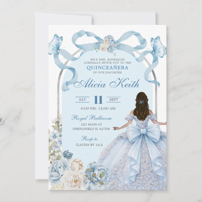 Invitación Dusty Blue Bow Coquette Butterfly Silver Quinceane (Anverso)