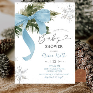 Invitación Dusty Blue Bow Coquette Fiesta de Bebé de Invierno