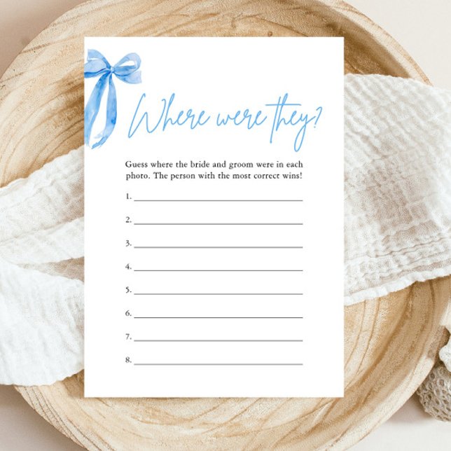 Invitación Dusty Blue Bow Donde Estaban Los Juegos De Ducha D (Modern Watercolor Dusty Blue Bow Where Were They Bridal Shower Game)
