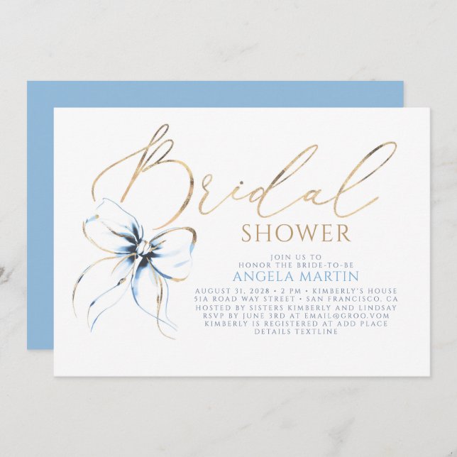 Invitación Dusty Blue Bow Elegant Romantic Bridal Shower (Anverso / Reverso)