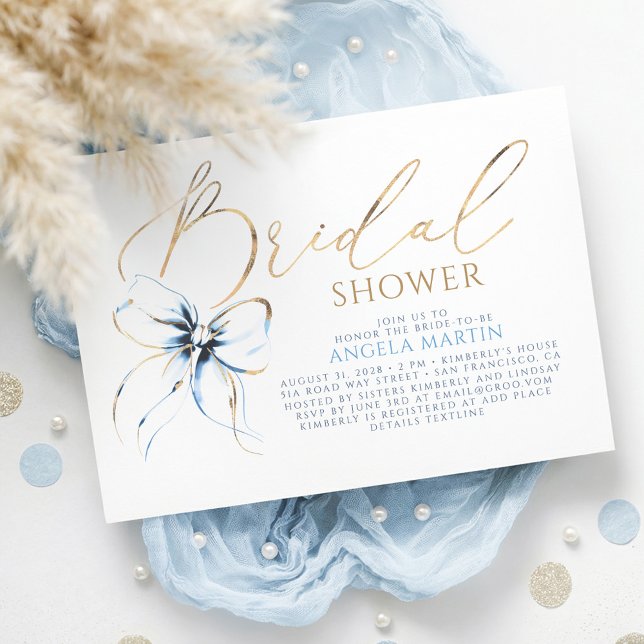 Invitación Dusty Blue Bow Elegant Romantic Bridal Shower (Dusty Blue Bridal Shower Invitation Elegant Romantic Whimsical Chic)