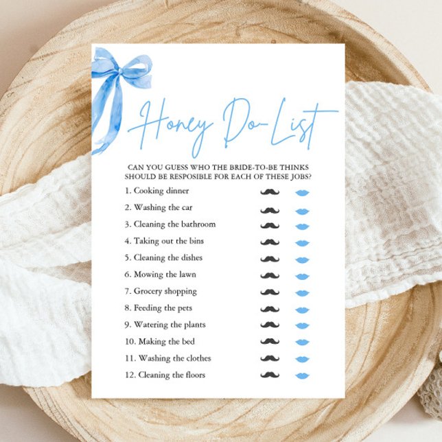 Invitación Dusty Blue Bow Honey Do List Briwal Shower Game (Modern Watercoior Dusty Blue Bow Honey Do List Bridal Shower Game)