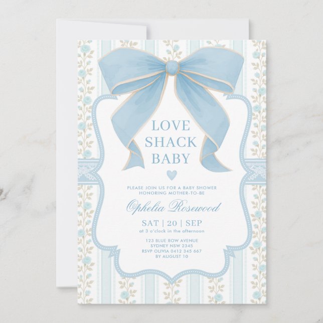 Invitación Dusty Blue Bow Love Shack Baby Boy Shower (Anverso)