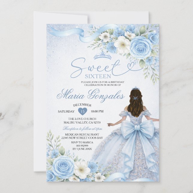 Invitación Dusty Blue Bow Princess Floral Crown Sweet Sixteen (Anverso)