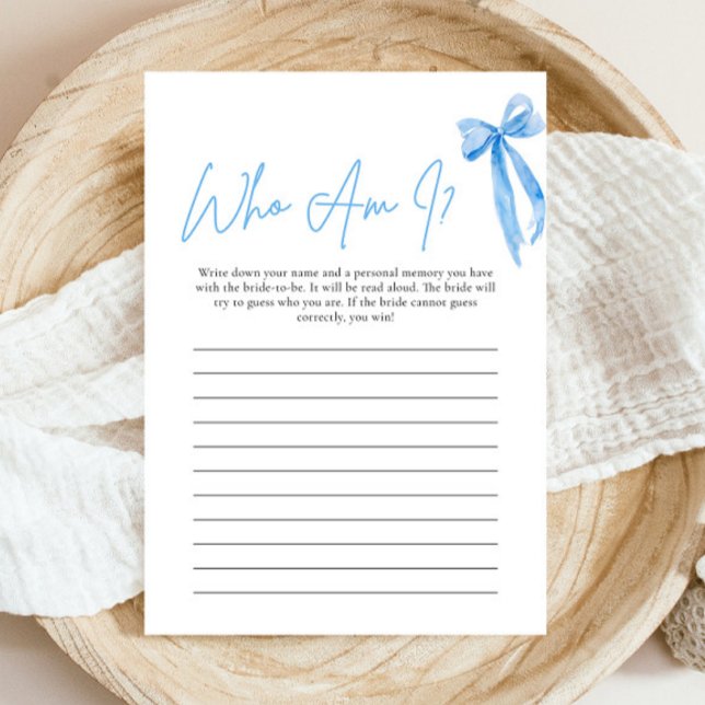 Invitación Dusty Blue Bow ¿Quién Soy Yo Una Ducha De Novias? (Modern Watercolor Dusty Blue Bow Who Am I Bridal Shower Game)