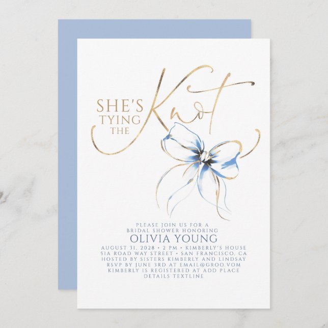 Invitación Dusty Blue Bow She's Tying The Knot Bridal Shower (Anverso / Reverso)