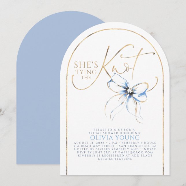 Invitación Dusty Blue Bow She's Tying The Knot Bridal Shower (Anverso / Reverso)
