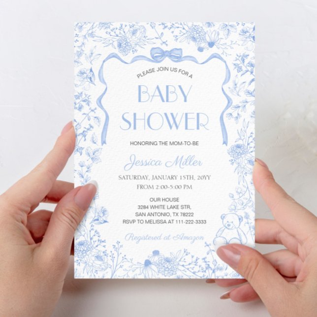 Invitación Dusty Blue Bow Toile De Jouy Boy Baby Shower (Subido por el creador)