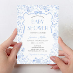 Invitación Dusty Blue Bow Toile De Jouy Niño Baby Shower