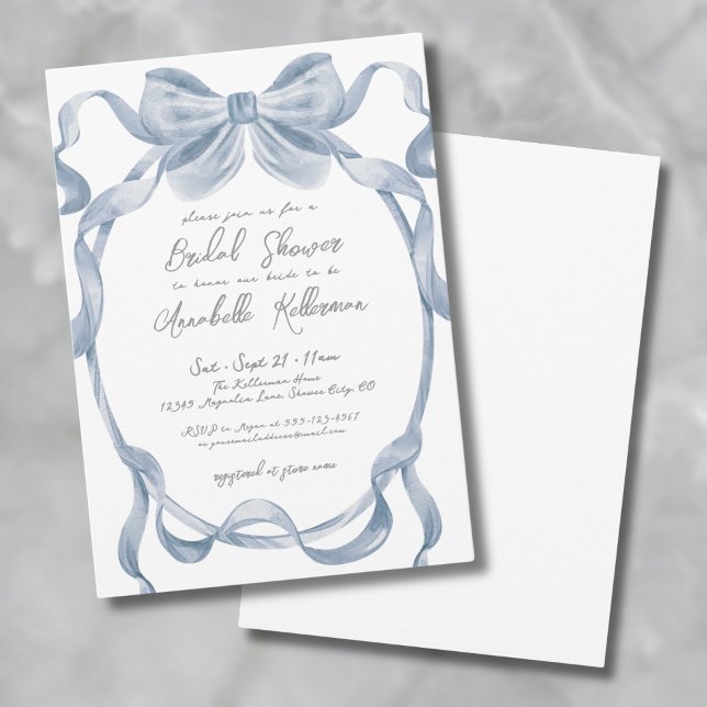 Invitación Dusty Blue Bow Vintage Bridal Shower (Dusty Blue Bow Vintage Bridal Shower Invitation)