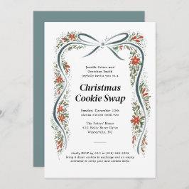 Invitación Dusty Blue Bow y Navidades de la Poinsettias de va