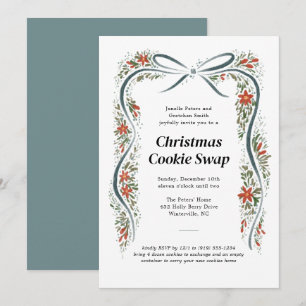 Invitación Dusty Blue Bow y Navidades de la Poinsettias de va
