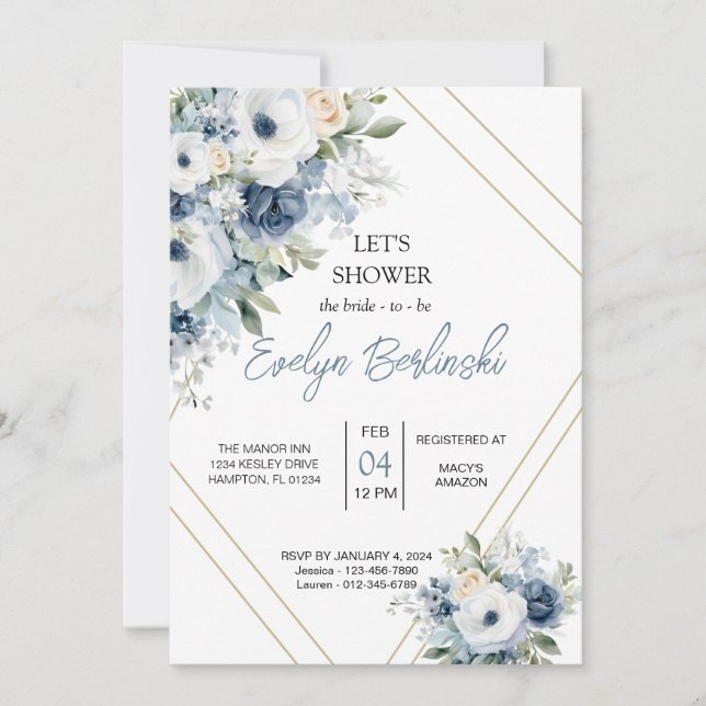 Invitación Dusty Blue Bridal Shower (Anverso)