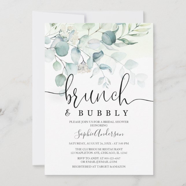 Invitación Dusty Blue Brunch & Bubbly Greenery Bridal Shower (Anverso)